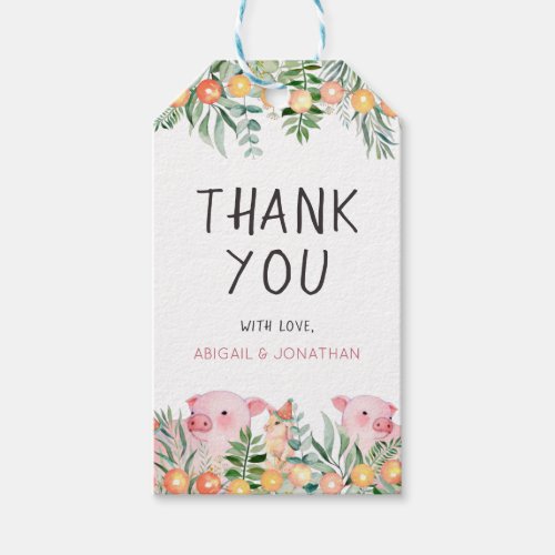 Woodland Pink Pig  Rabbit Baby Shower Thank You Gift Tags