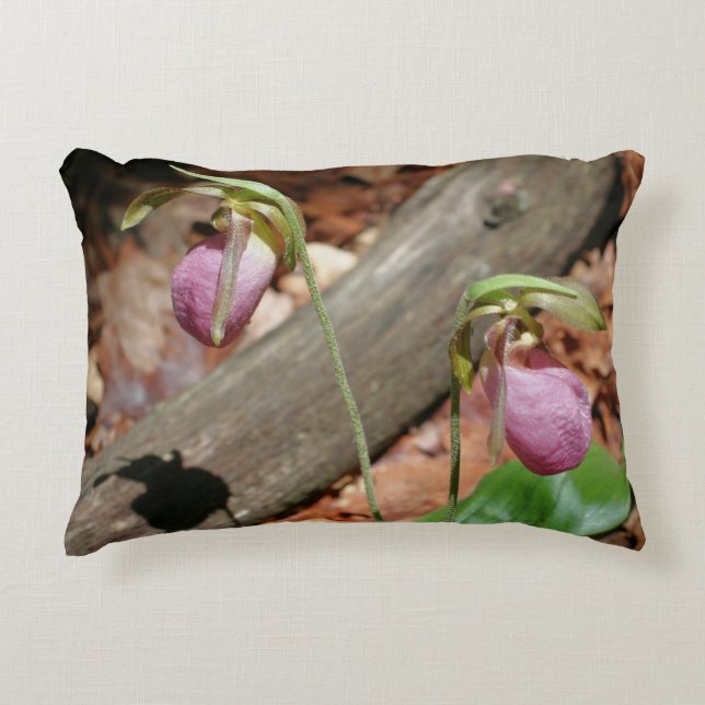 Woodland Pink Wild Lady Slipper Orchid Flowers  Accent Pillow (Front)