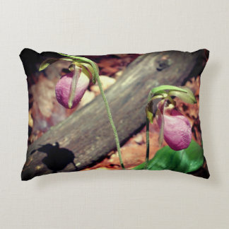 Woodland Pink Wild Lady Slipper Orchid Flowers Accent Pillow