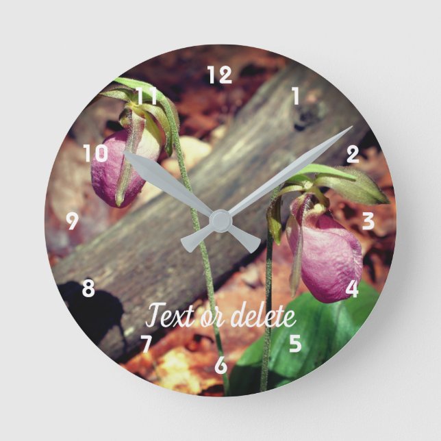 Woodland Pink Wild Lady Slipper Orchid Flowers  Round Clock (Front)