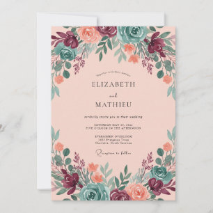 Woodland Plum Coral Wildflower Wedding Invitation