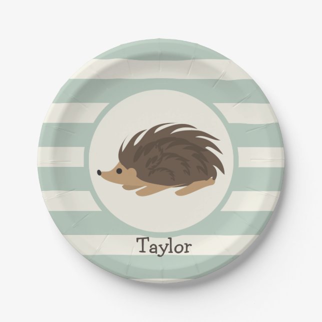 Woodland Porcupine, Hedgehog; Light Sage Green Paper Plates (Front)
