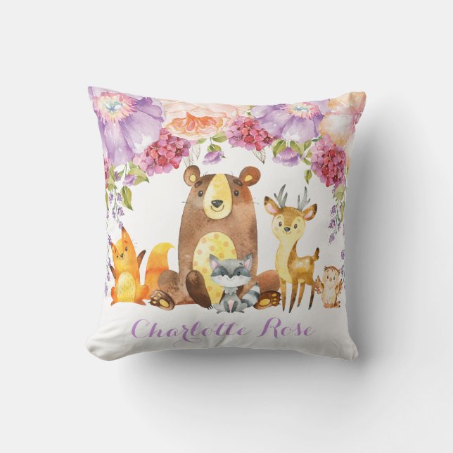 Woodland Purple Floral Baby Girl Nursery Decor Throw Pillow (Front)