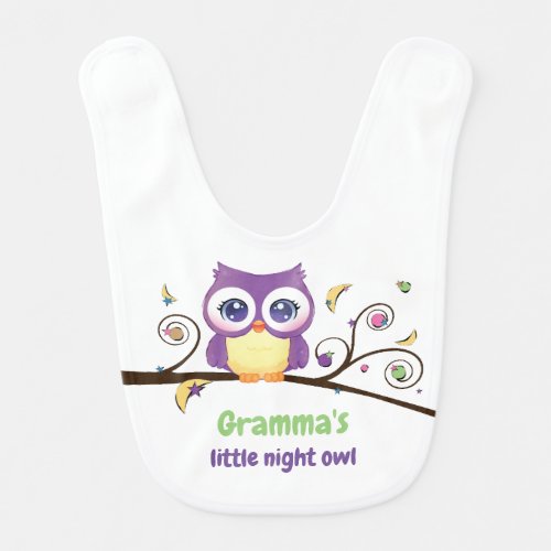 Woodland Purple Owl with Celestial Stars and Moons Baby Bib
