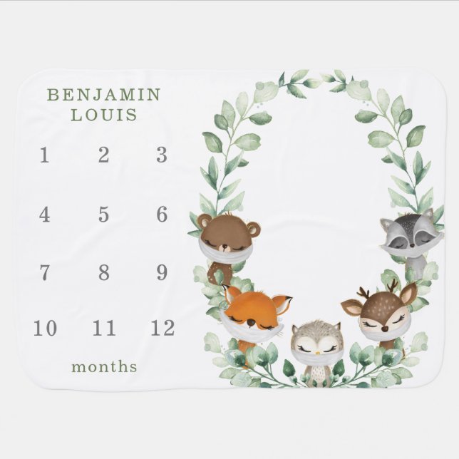 Woodland Quarantine Animals Monthly Milestone Baby Blanket (Horizontal)