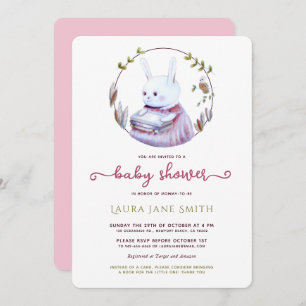 Woodland Rabbit Pink Green Books Girl Baby Shower Invitation