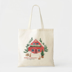 Woodland Rabbits and Snowy Red Cottage Christmas Tote Bag