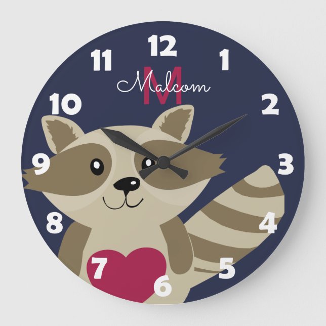 Woodland Raccoon Adorable Monogrammed Personalized Large Clock (Front)