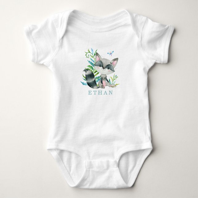 Woodland Raccoon Adorable Personalized Baby Bodysuit (Front)