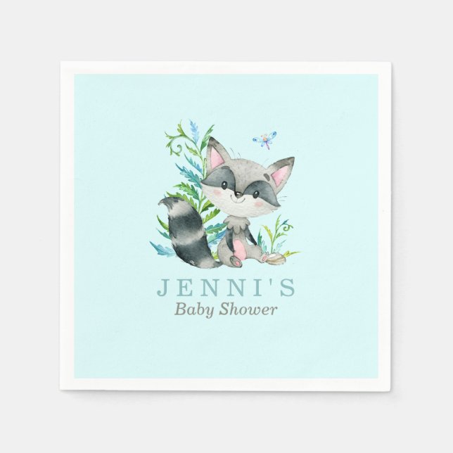 Woodland Raccoon Aqua Paper Napkins (Front)