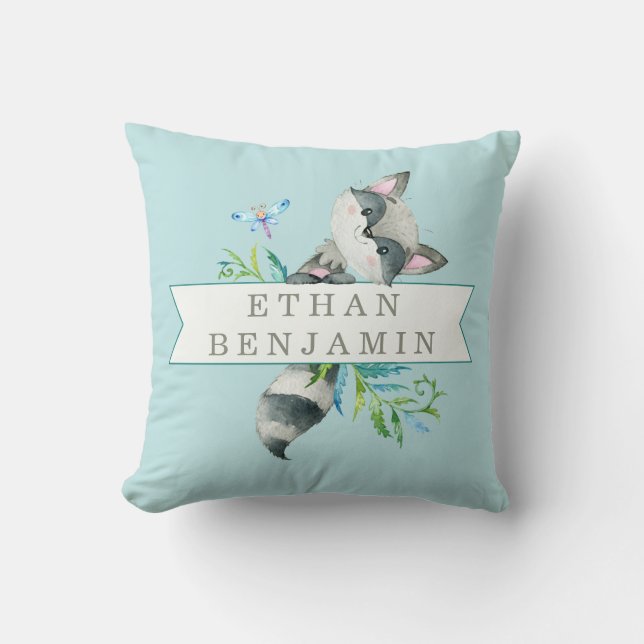 Woodland Raccoon Aqua Personalized Throw Pillow (Front)