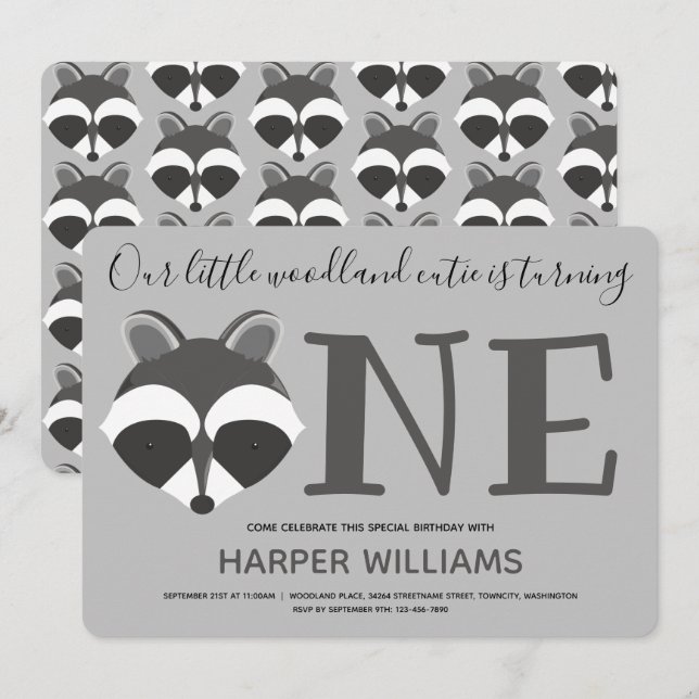 Woodland Raccoon Baby One First Birthday Invitation (Front/Back)