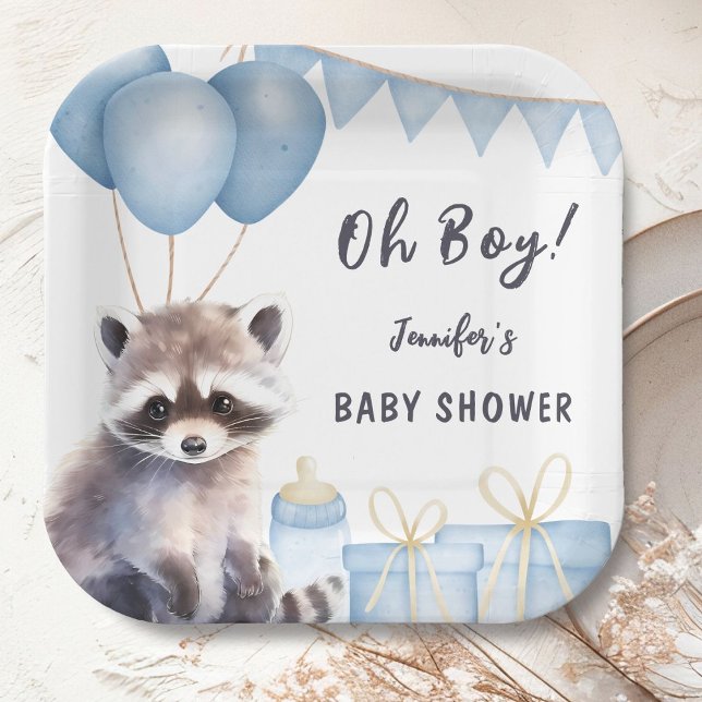 Woodland Raccoon Baby Shower Cute Boy Paper Plates (Creator Uploaded)
