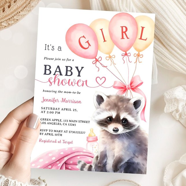 Woodland Raccoon Baby Shower Girl Pink Balloons Invitation (Creator Uploaded)