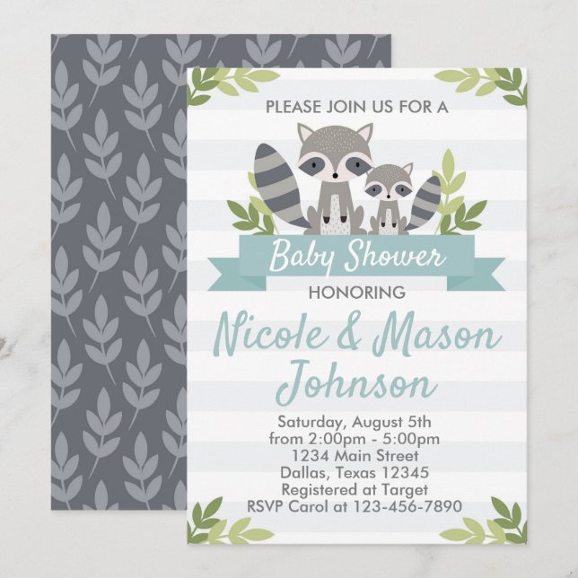 Woodland Raccoon Baby Shower Invitation Invite (Front/Back)