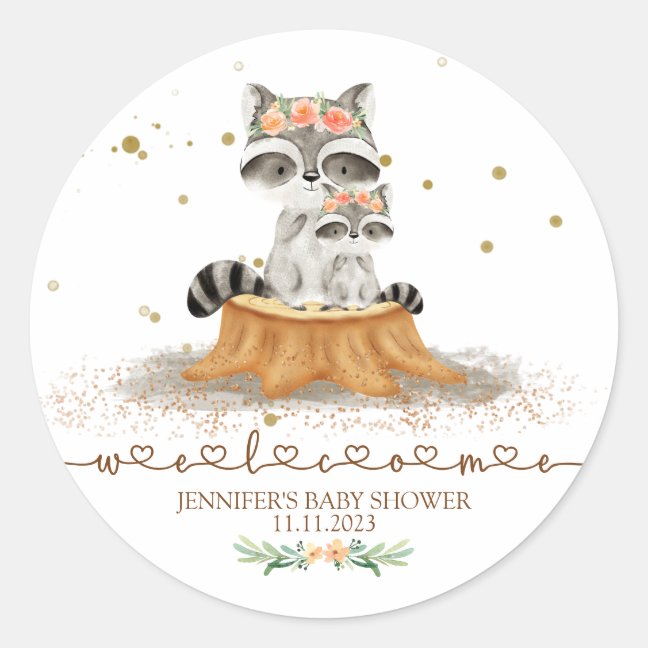 Woodland Raccoon Baby Shower Welcome Classic Round Sticker