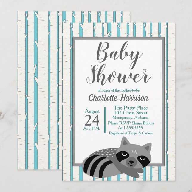 Woodland Raccoon & Birch Trees Baby Shower Invitation (Front/Back)