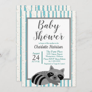 Woodland Raccoon & Birch Trees Baby Shower Invitation