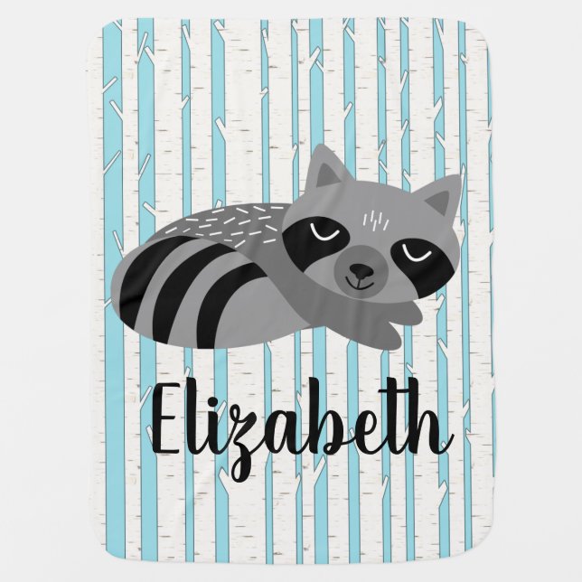 Woodland Raccoon & Birch Trees Baby's Name Swaddle Blanket (Front)