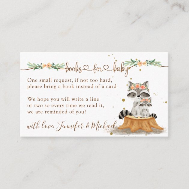 Woodland Raccoon Books for Baby Shower Enclosure Card