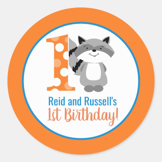 Woodland Raccoon Boy's 1st Birthday Stickers (Front)