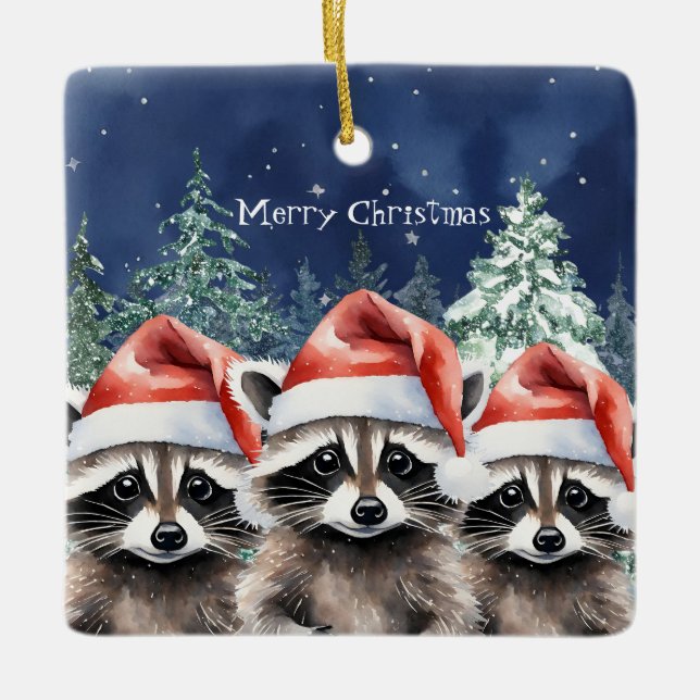 Woodland Raccoon Christmas Ceramic Ornament (Front)
