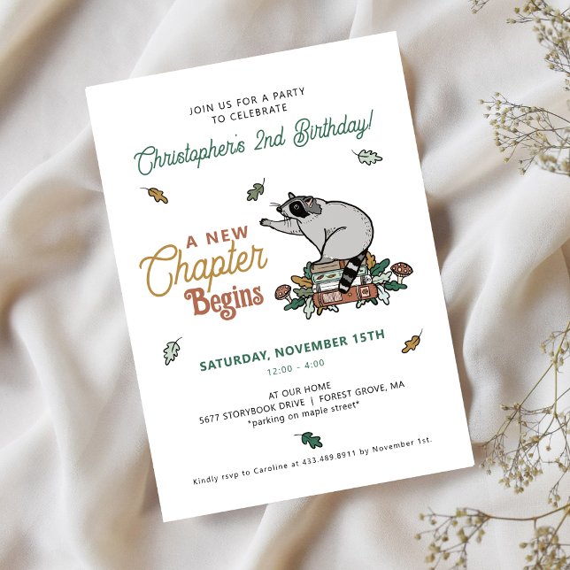 Woodland Raccoon Fall Book Themed 2nd Birthday Invitation (Creator Uploaded)