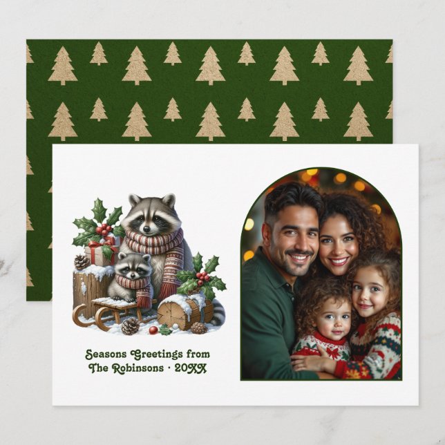 Woodland Raccoon Family Cozy Forest Christmas Holiday Card (Front/Back)