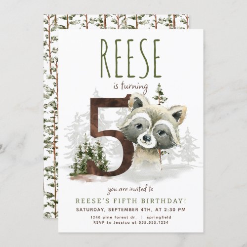 Woodland Raccoon Fifth Birthday Invitation