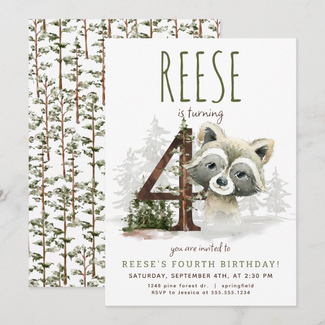 Woodland Raccoon Fourth Birthday Invitation (Front/Back)