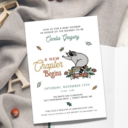 Woodland Raccoon New Chapter Begins Baby Shower Invitation