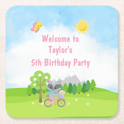 Woodland Raccoon on Blue Bicycle Birthday Square Paper Coaster