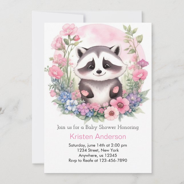Woodland Raccoon Pink Adventure Girl Baby Shower Invitation (Front)