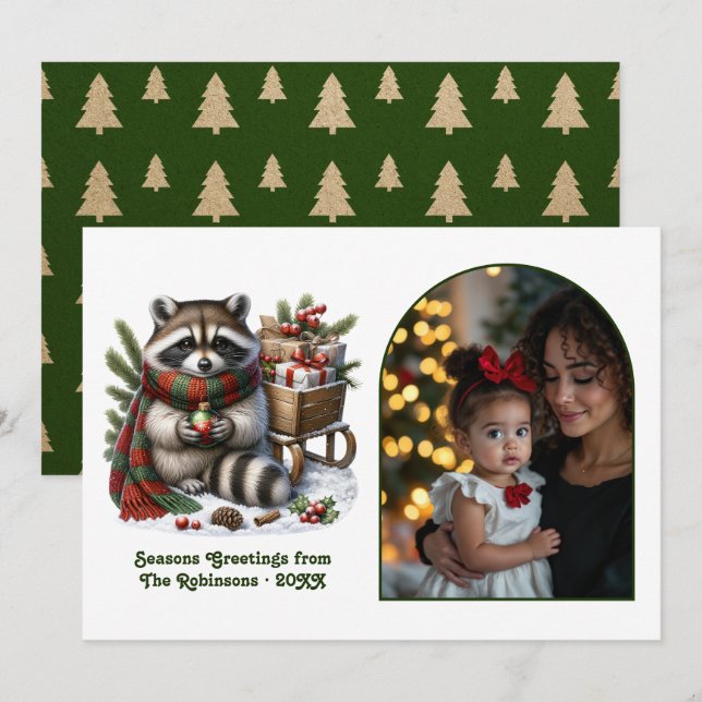 Woodland Raccoon Seasons Greeting Rustic Christmas Holiday Card (Front/Back)
