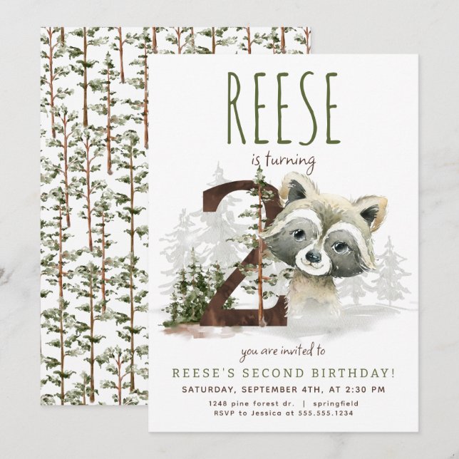 Woodland Raccoon Second Birthday Invitation (Front/Back)