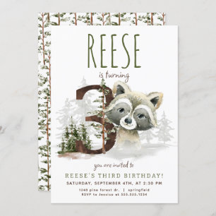 Woodland Raccoon Third Birthday Invitation