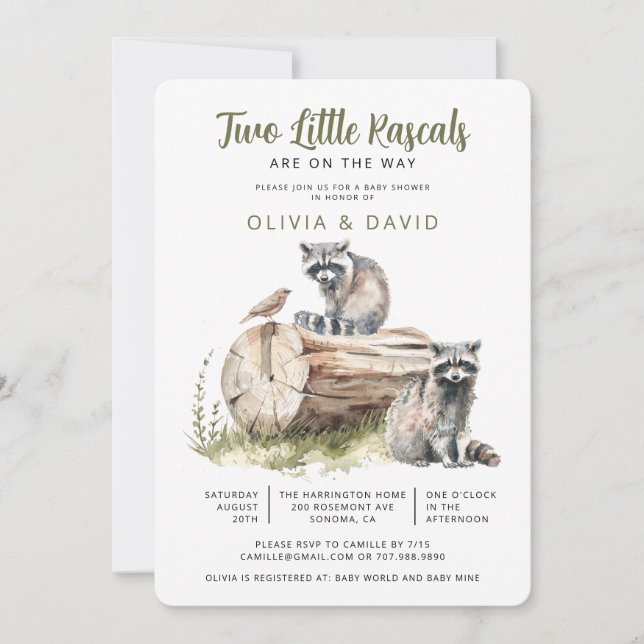 Woodland Raccoon Twins Baby Shower Invitation (Front)