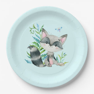 Woodland Raccoon Whimsical Aqua Paper Plates