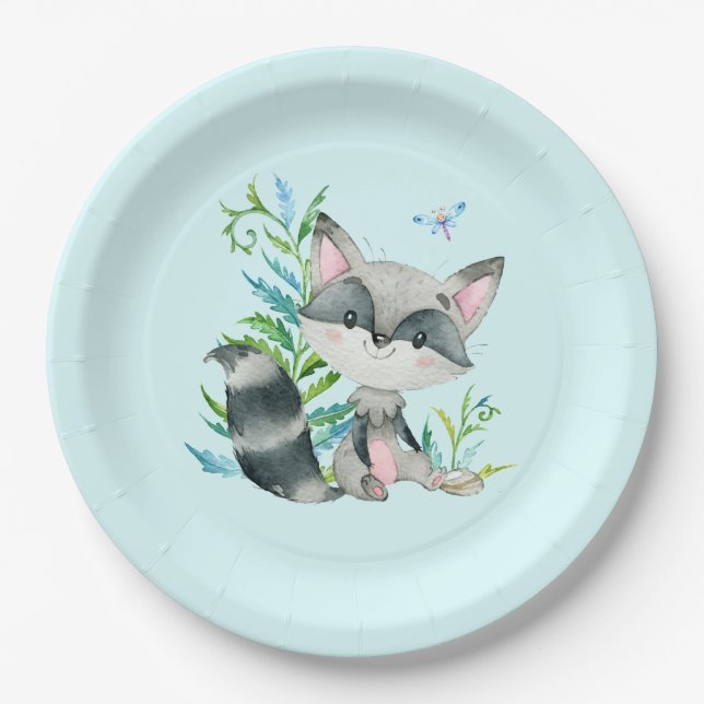 Woodland Raccoon Whimsical Aqua Paper Plates (Front)