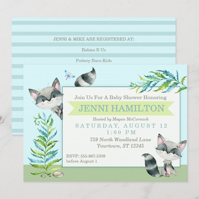 Woodland Raccoon Whimsical Baby Shower Invitation (Front/Back)