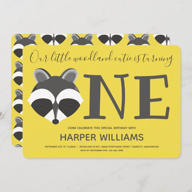 Woodland Raccoon Yellow Baby One First Birthday Invitation (Front/Back)