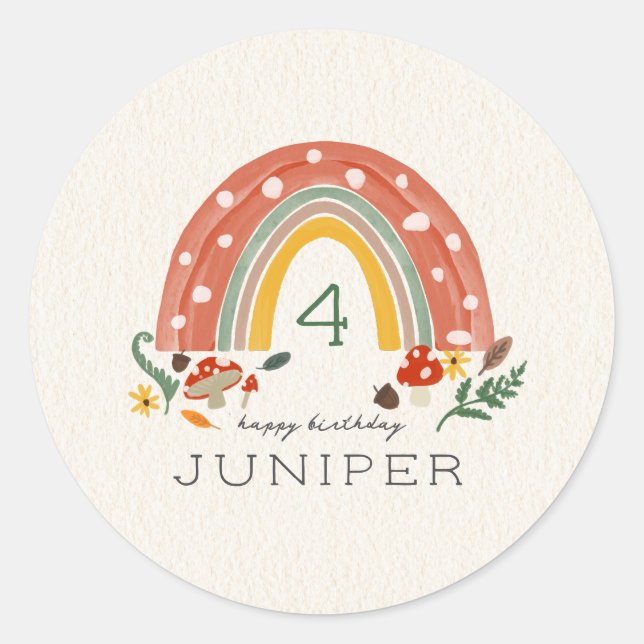 Woodland Rainbow Mushroom Botanical Birthday Party Classic Round Sticker (Front)
