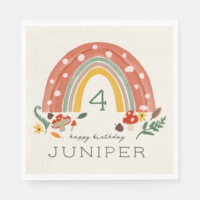 Woodland Rainbow Mushroom Botanical Birthday Party Napkins (Front)