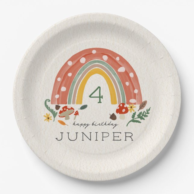 Woodland Rainbow Mushroom Botanical Birthday Party Paper Plates (Front)