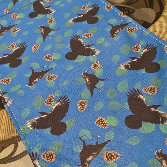 Woodland Raven Black Birds & Pine Cone Blue Forest Short Table Runner (Woodland raven table runner)