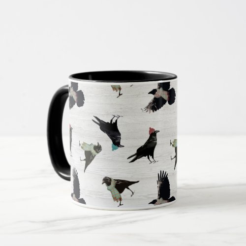 Woodland Raven In Winter Scarf Hat Whimsical Bird Mug