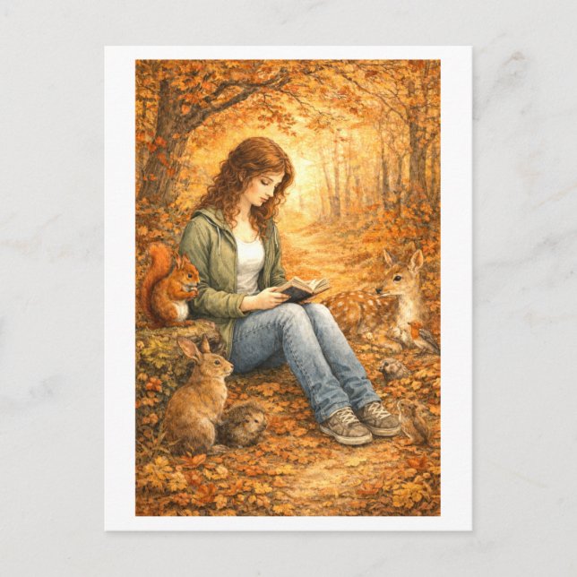 Woodland Reading in Fall/Autumn Postcard (Front)