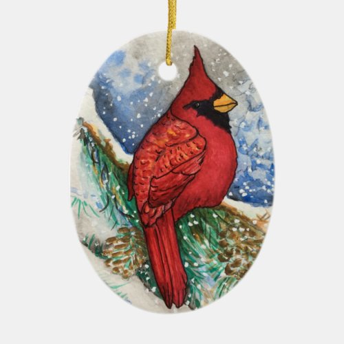 Woodland Red Cardinal Christmas Bird Oval Ornament