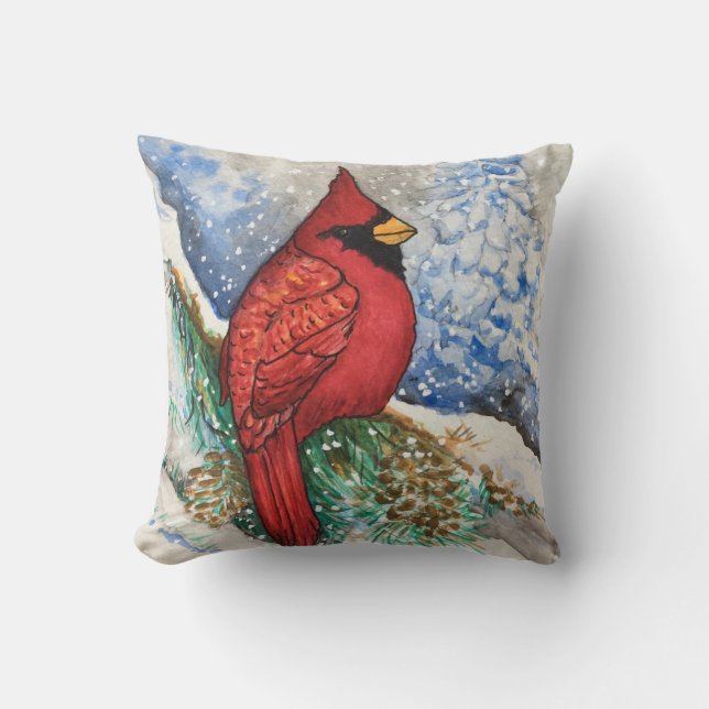 Woodland Red Cardinal Christmas Bird Throw Pillow (Front)