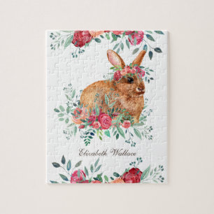 Woodland Red Roses Cute Floral Bunny Kids Name Jigsaw Puzzle